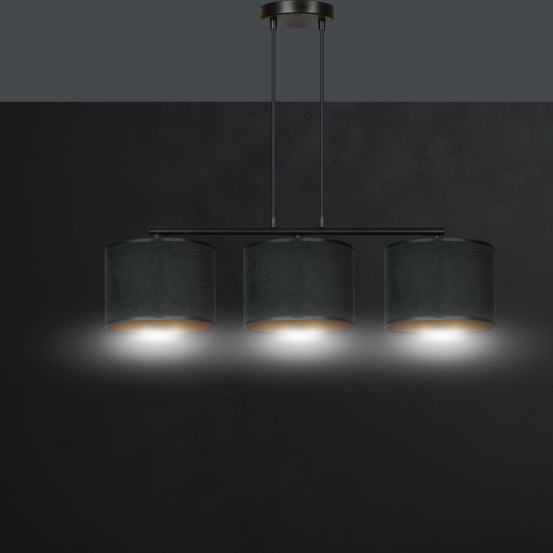 Hanglamp gepoedercoat staal en stof Hilde, zwart met gouden binnenkant, 3 kappen Ø 20 cm, minimalistisch, eetkamer