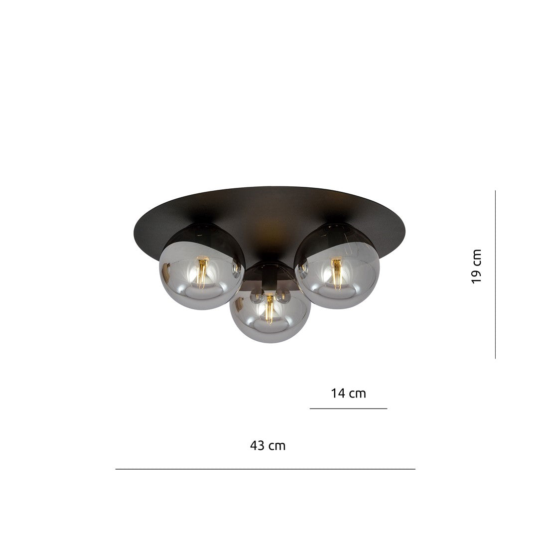 Plafondlamp gepoedercoat staal Solar zwart met grafiet glas, 3 fittingen E14, 43 x 19 cm