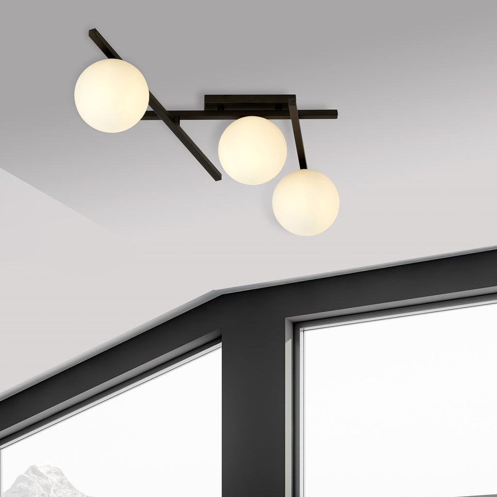 Plafondlamp gepoedercoat staal en glas, modern Smart 3 zwart met witte kappen, 3 x E14, 51 cm breed