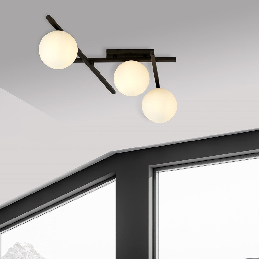 Plafondlamp gepoedercoat staal en glas, modern Smart 3 zwart met witte kappen, 3 x E14, 51 cm breed