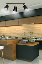 Plafondlamp 3 spots gepoedercoat staal en multiplex, Atlas Scandinavisch zwart, 3 x E27, woonkamer