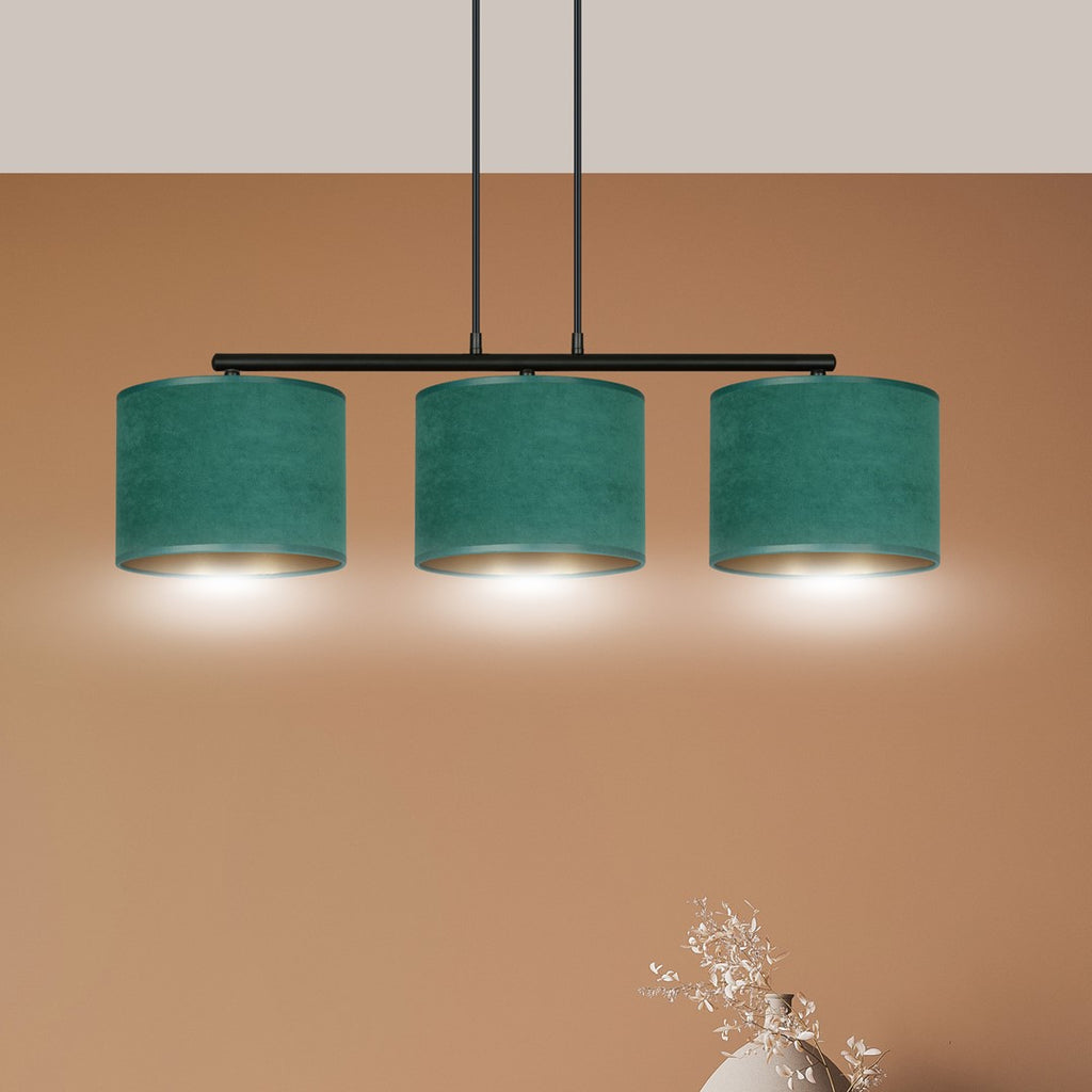 Hanglamp gepoedercoat staal en stof Hilde minimalistisch groen met 3 kappen, 72 x 100 cm, eettafel keuken hal