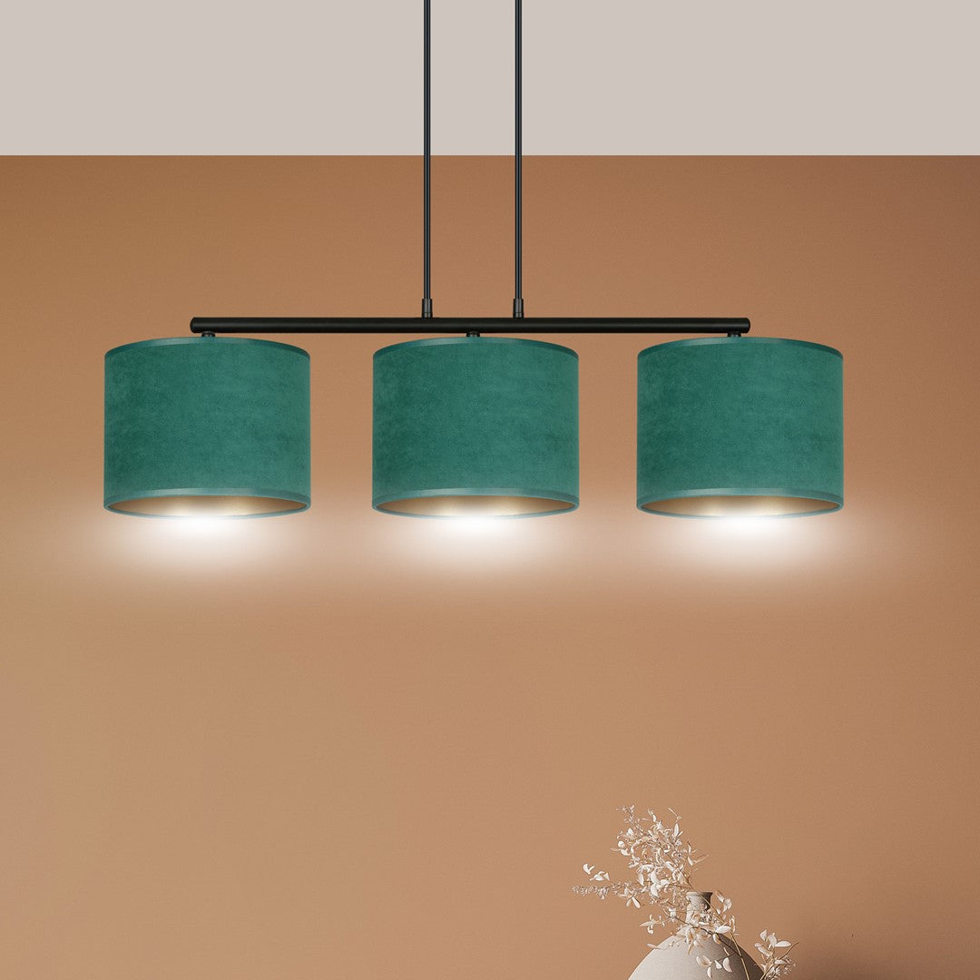 Hanglamp gepoedercoat staal en stof Hilde minimalistisch groen met 3 kappen, 72 x 100 cm, eettafel keuken hal