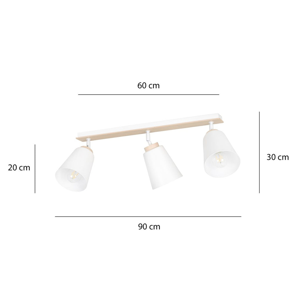Plafondlamp 3 spots gepoedercoat staal en multiplex, Scandinavisch Atlas, wit met hout, voor lage plafonds