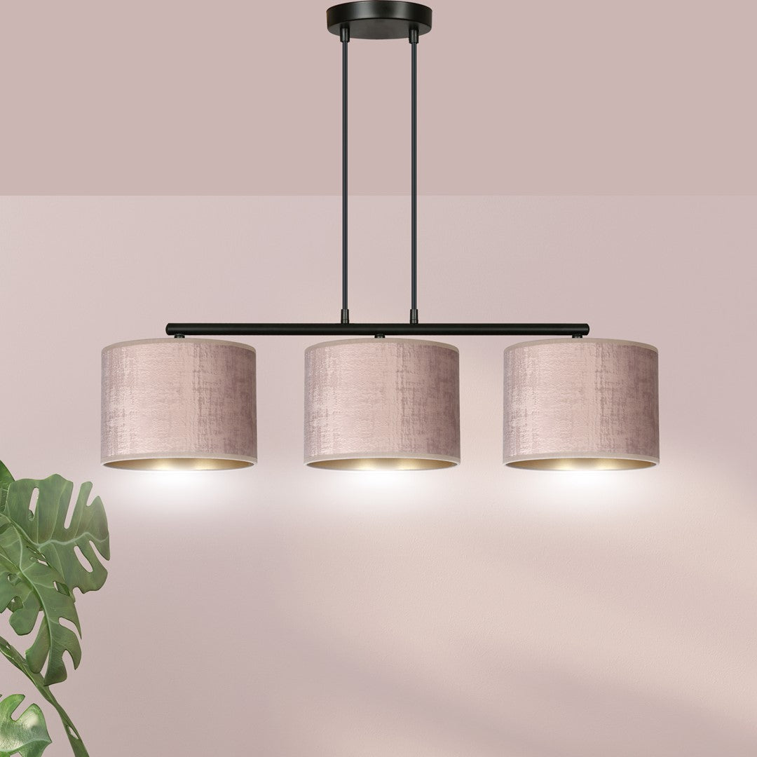 Hanglamp Hilde 3-lichts gepoedercoat staal met stoffen kappen, roze en zwart – 72 x 100 cm, eettafel