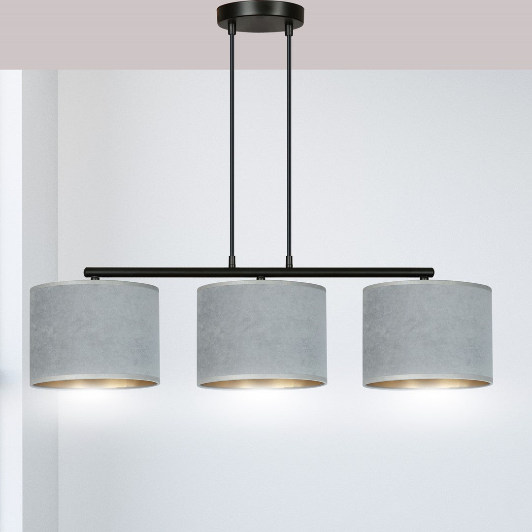 Hanglamp gepoedercoat staal en stof Hilde, minimalistisch, zwart met grijze kappen, 72 x 100 cm, 3 lichtpunten