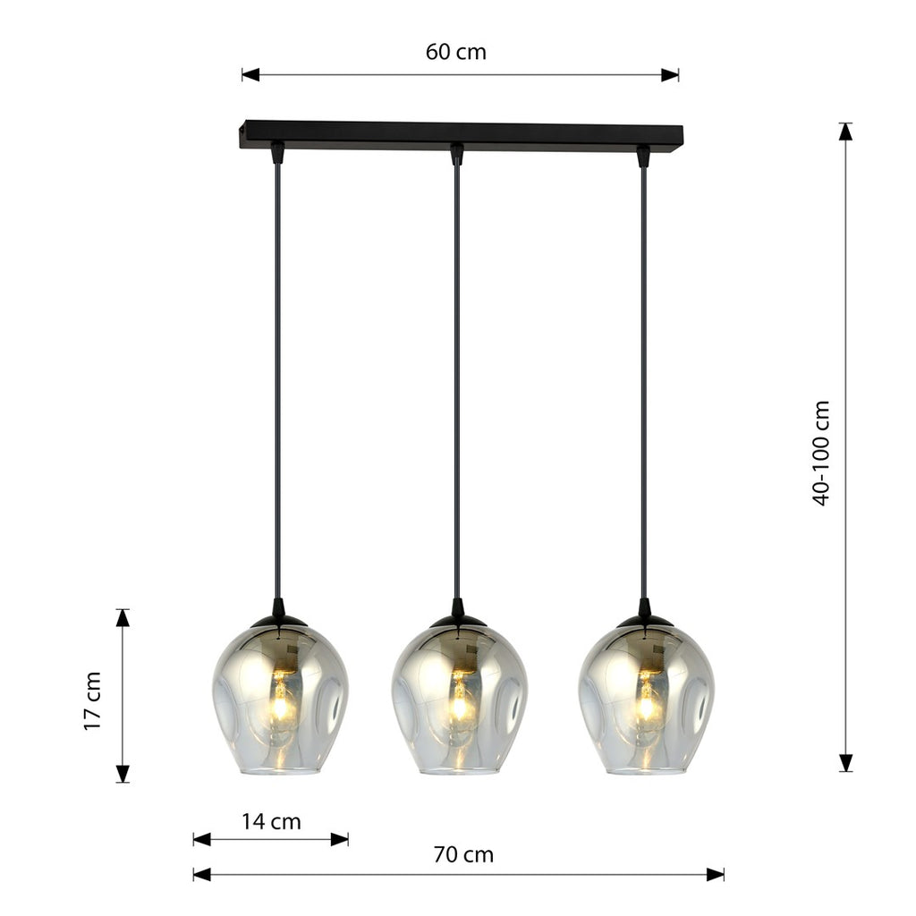 Hanglamp 3 lichts gepoedercoat staal en glas, modern Istar, zwart met grafiet kappen, 70 x 100 cm, E27