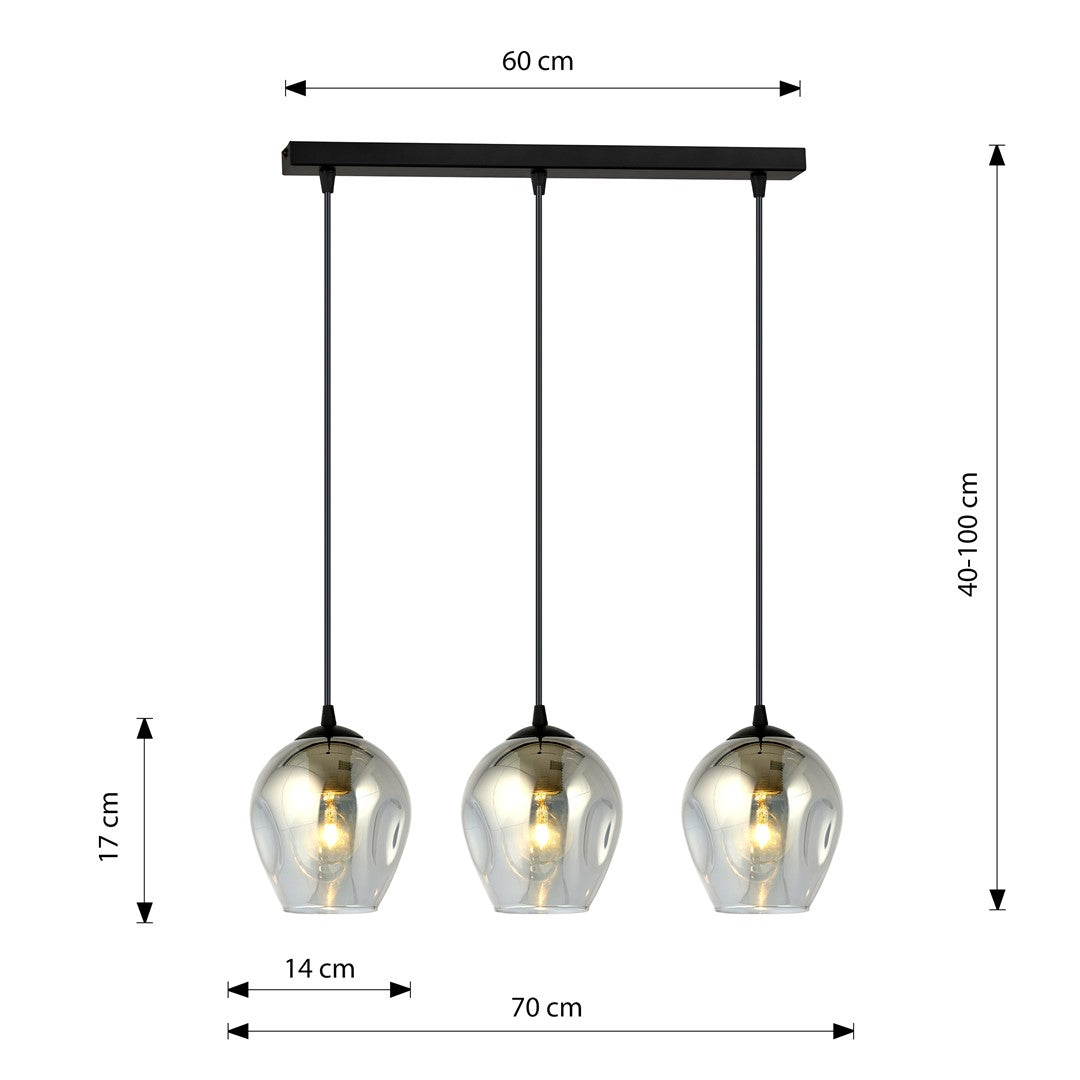 Hanglamp 3 lichts gepoedercoat staal en glas, modern Istar, zwart met grafiet kappen, 70 x 100 cm, E27