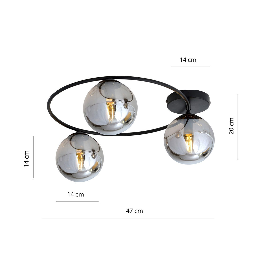 Plafondlamp Sopra gepoedercoat staal en glas, minimalistisch, zwart met grafiet glazen kappen, 3 lichtpunten, E14