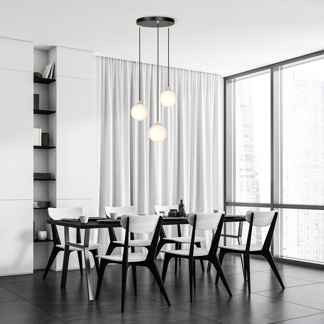 Hanglamp 3 lichts gepoedercoat staal en glas retro zwart met goud, witte glazen kappen Ø 14 cm