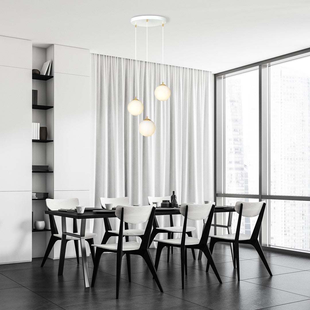 Hanglamp staal en glas Royal retro wit met goud, 3 lampen, kap Ø 14 cm, voor eettafel, keuken of woonkamer