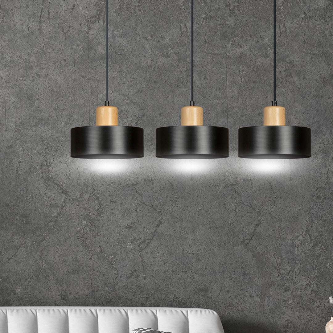 Hanglamp gepoedercoat staal en hout Torin, zwart, 3 lichts, 80 x 100 cm, verstelbare hoogte, woonkamer en eetkamer