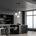 Hanglamp 3 lichts gepoedercoat staal en glas retro zwart met goud, witte glazen kappen Ø 14 cm