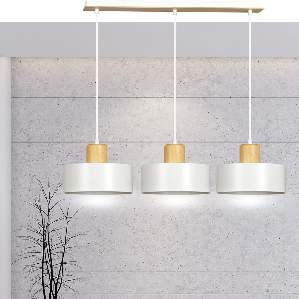 Hanglamp 3-lichts gepoedercoat staal en hout, Scandinavisch Torin, wit – 80 x 100 cm, voor woonkamer en eetkamer