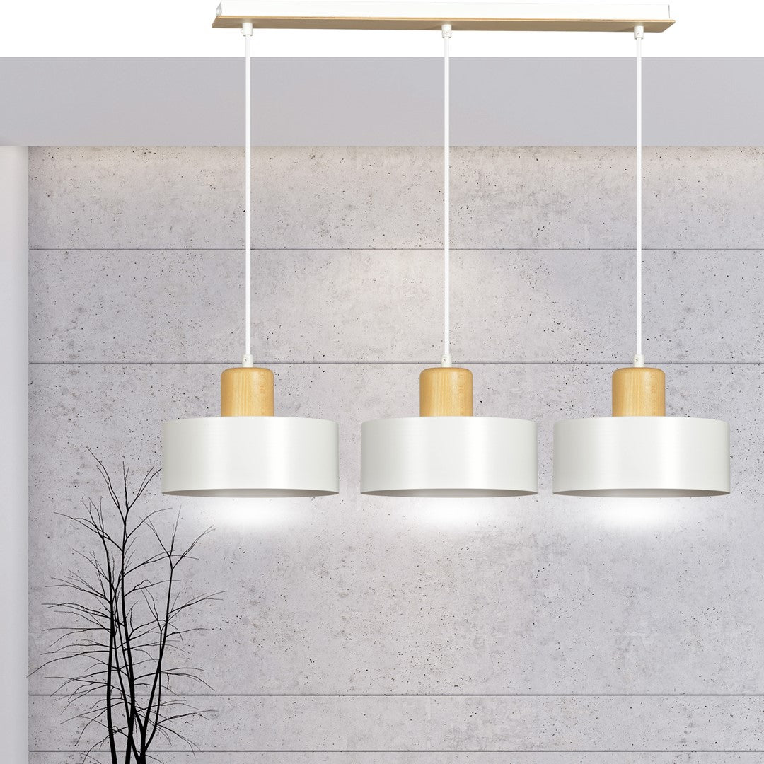 Hanglamp 3-lichts gepoedercoat staal en hout, Scandinavisch Torin, wit – 80 x 100 cm, voor woonkamer en eetkamer
