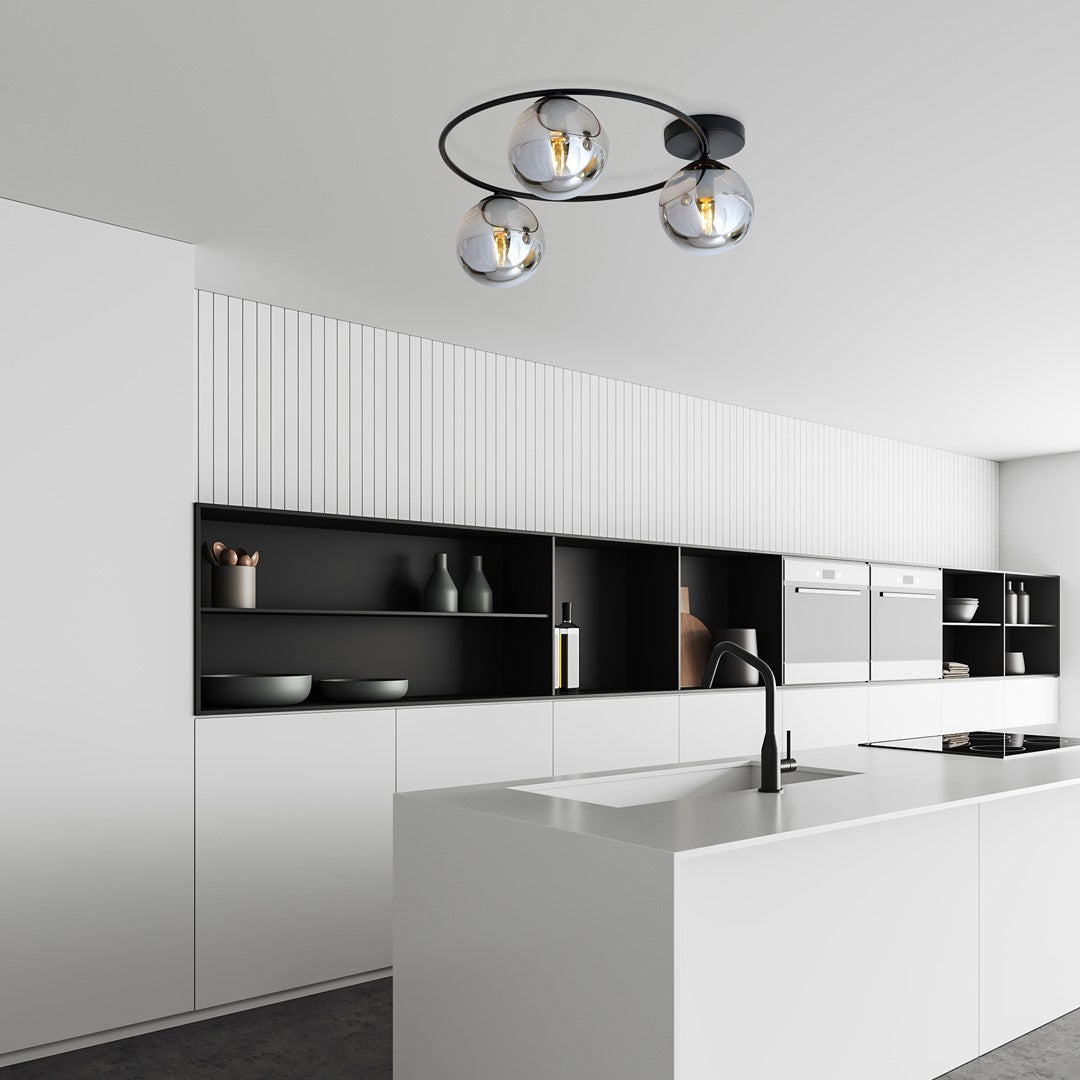 Plafondlamp Sopra gepoedercoat staal en glas, minimalistisch, zwart met grafiet glazen kappen, 3 lichtpunten, E14