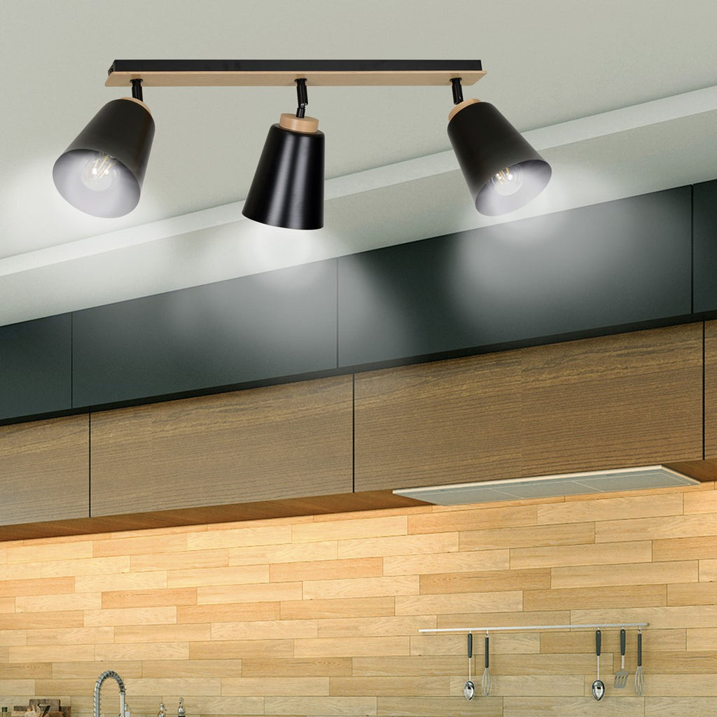 Plafondlamp 3 spots gepoedercoat staal en multiplex, Atlas Scandinavisch zwart, 3 x E27, woonkamer