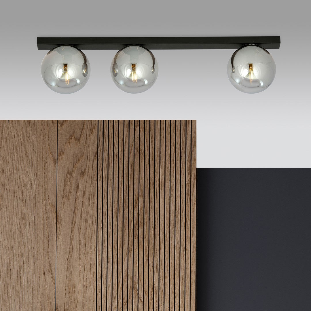Plafondlamp gepoedercoat staal Fit 3 zwart met grafiet glazen kappen, 70 cm breed, voor woonkamer of keuken