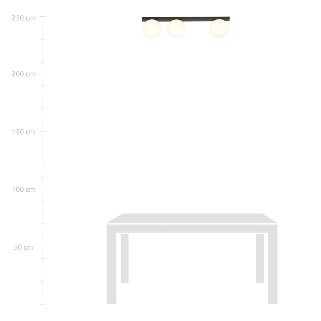 Plafondlamp gepoedercoat staal en glas Fit zwart met witte glazen kappen, 3 lichtpunten E14, 70 cm breed
