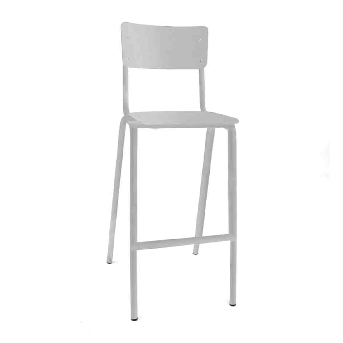 Witte barkruk met rugleuning, houten zitting, metalen onderstel en voetensteun