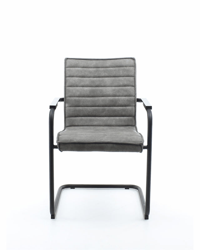 Eetkamerstoel vegan leer Haven grijs met zwart stalen sledeframe en armleggers, 88 x 57,5 x 63 cm