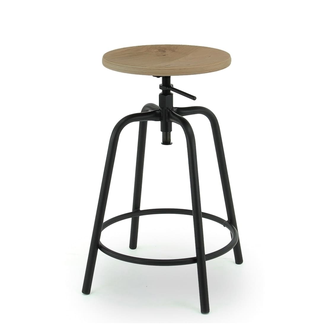 Lage ronde barkruk met houten zitting en zwart stalen frame met voetensteun en draaimechanisme