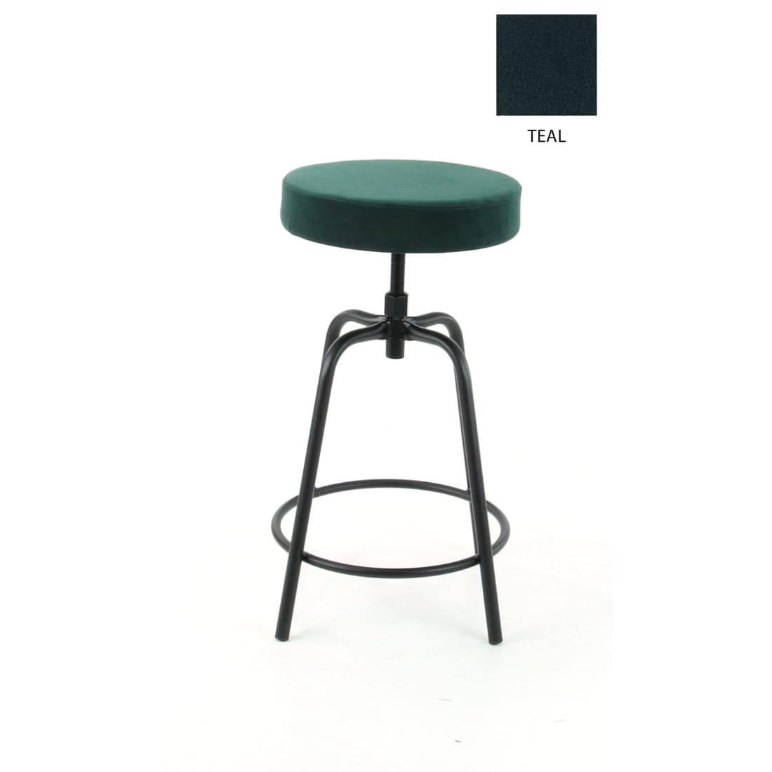 Lage ronde barkruk met teal fluwelen zitting en zwart stalen frame met ronde voetensteun