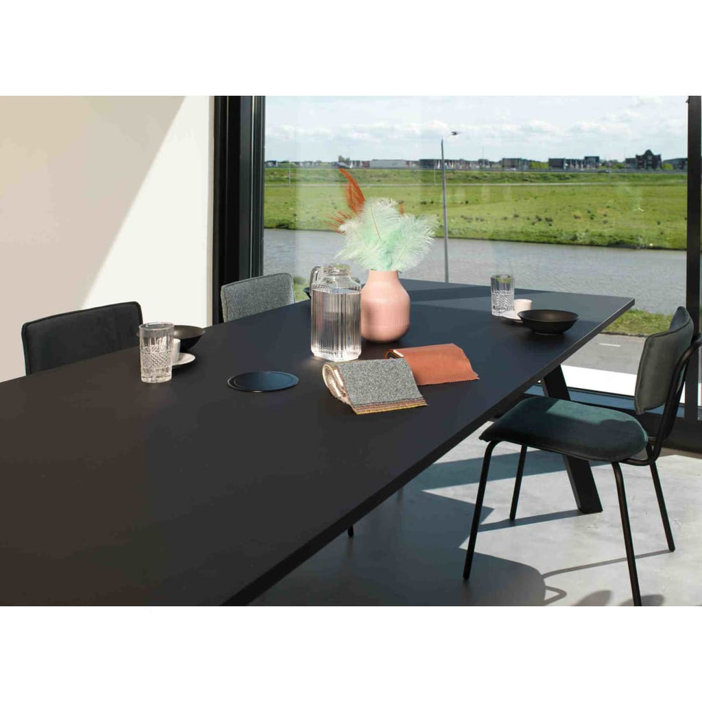 Eetkamerstoel bouclé Bo mosterd, stalen onderstel, H81 × B38 × D38 cm, stapelbaar voor eetkamer