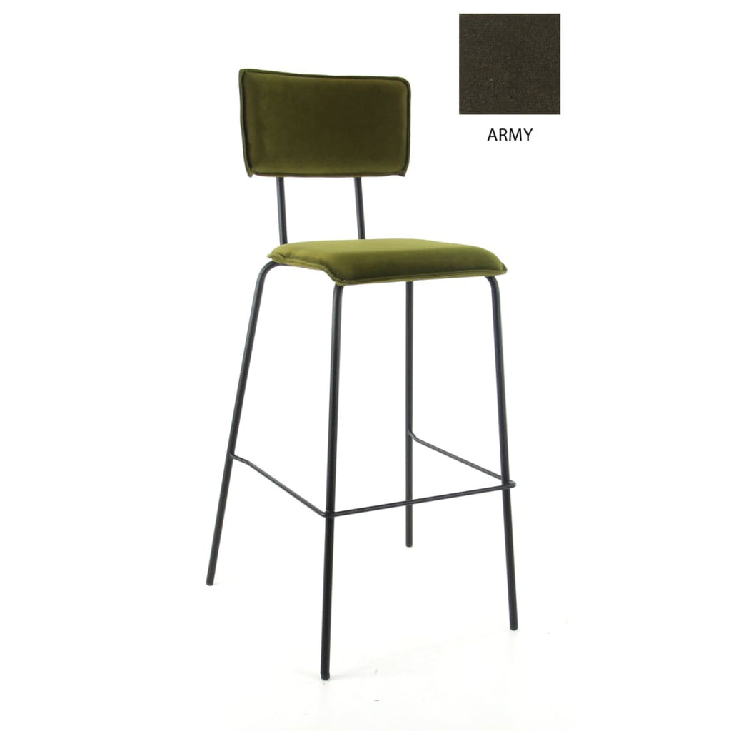 Barkruk fluweel gepoedercoat staal Bo Earth Army groen, H 112 x B 38 x D 38 cm, zithoogte 76,5 cm