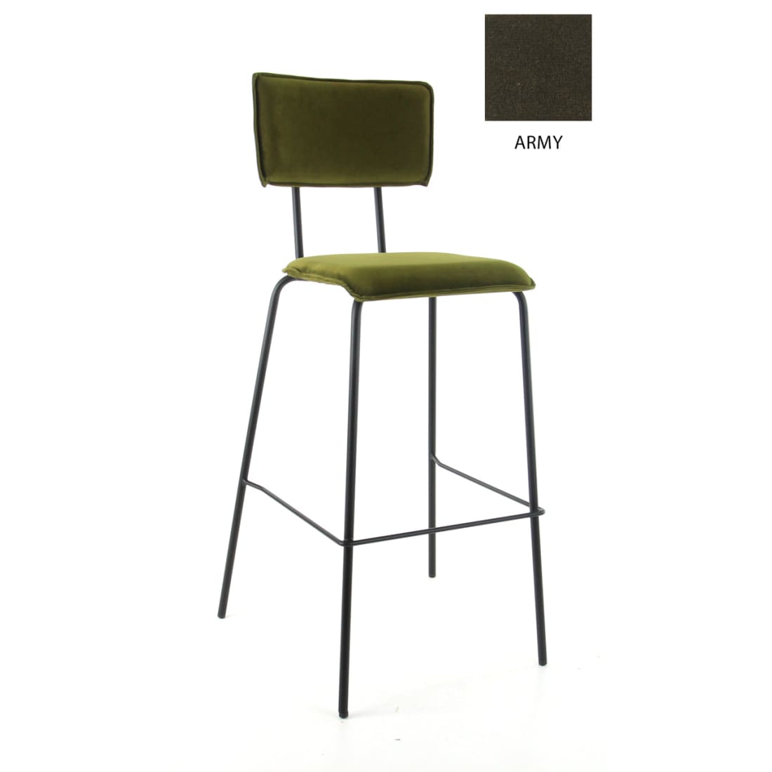 Barkruk fluweel gepoedercoat staal Bo Earth Army groen, H 112 x B 38 x D 38 cm, zithoogte 76,5 cm