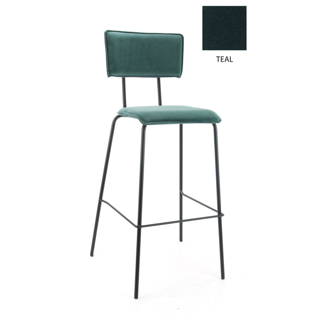 Barkruk fluweel Bo teal met zwart stalen onderstel, zithoogte 76,5 cm – H 112 x B 38 x D 38 cm