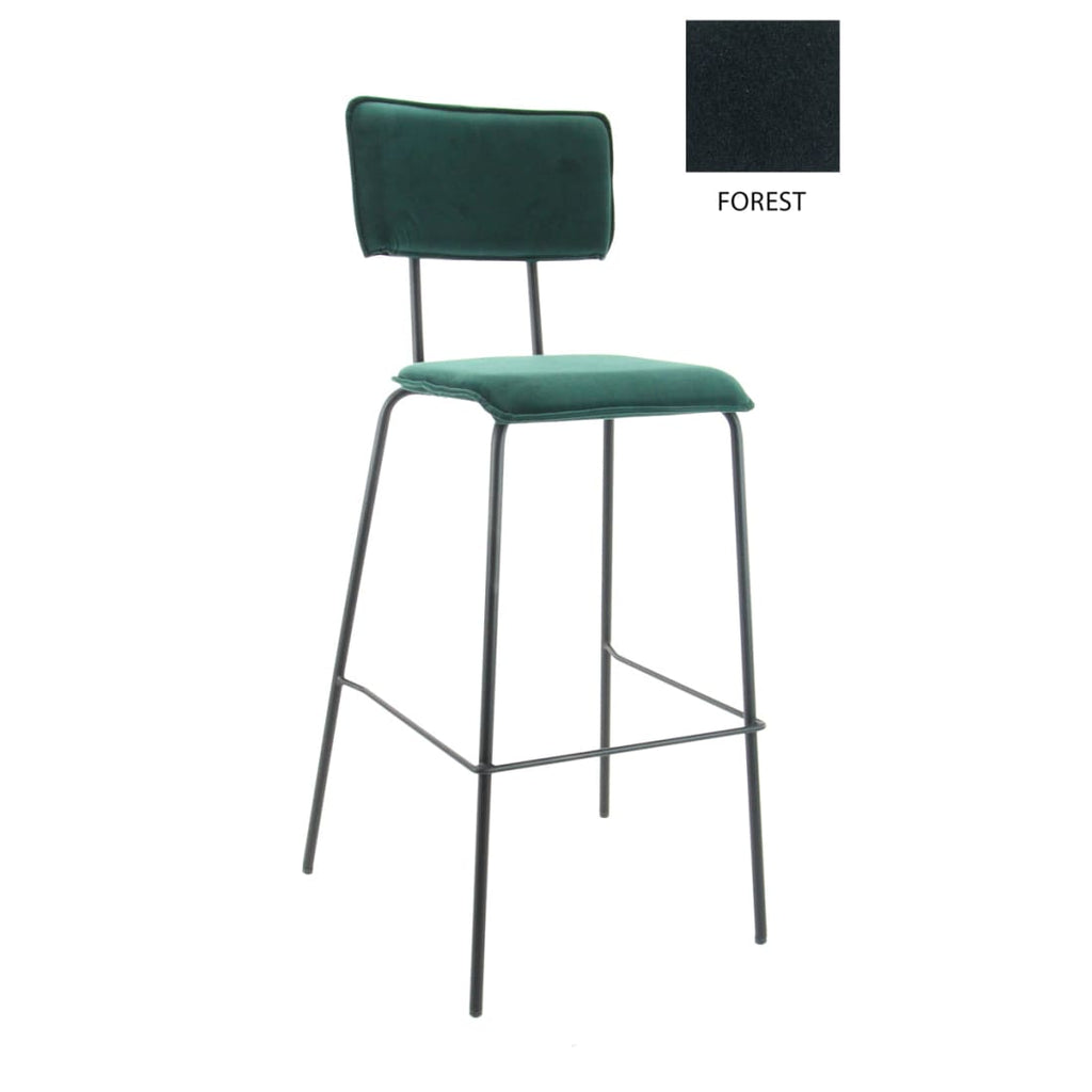 Barkruk fluweel groen Bo met rugleuning en voetensteun, zwart stalen onderstel, zithoogte 76,5 cm