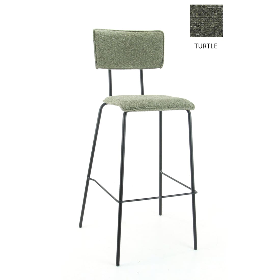 Barkruk bouclé groen met zwart stalen onderstel, model Bo Society – H 112 x B 38 x D 38 cm, zithoogte 76,5 cm
