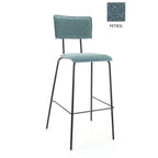 Barkruk bouclé petrol met zwart stalen onderstel en voetensteun, Society – H 112 x B 38 x D 38 cm