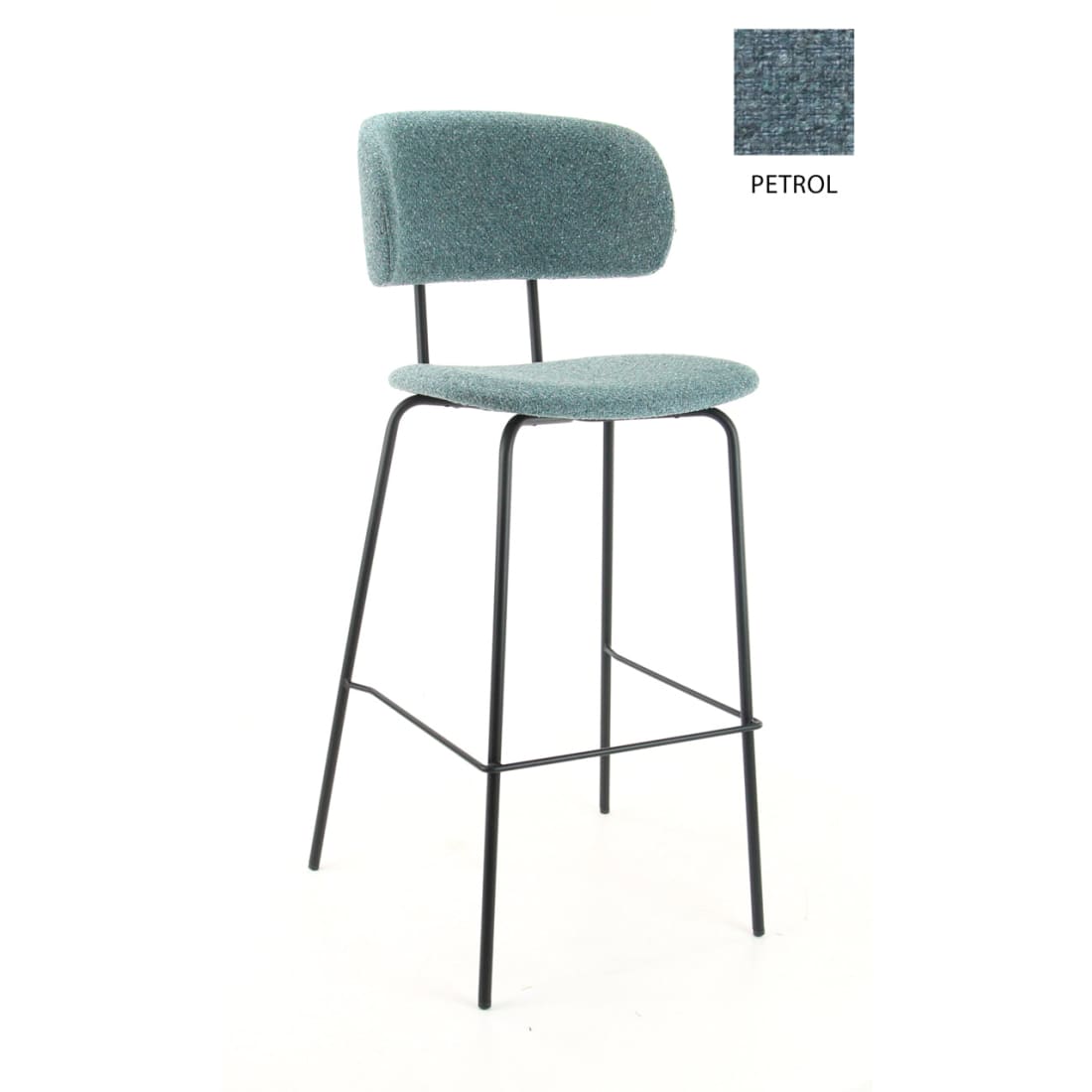 Barkruk bouclé petrol met zwart metalen frame, Society Bo – 112 x 57 x 57,5 cm, zithoogte 82 cm