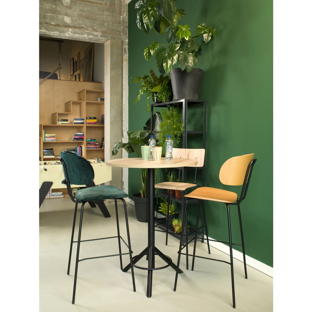 Barkruk bouclé petrol met zwart metalen frame, Society Bo – 112 x 57 x 57,5 cm, zithoogte 82 cm