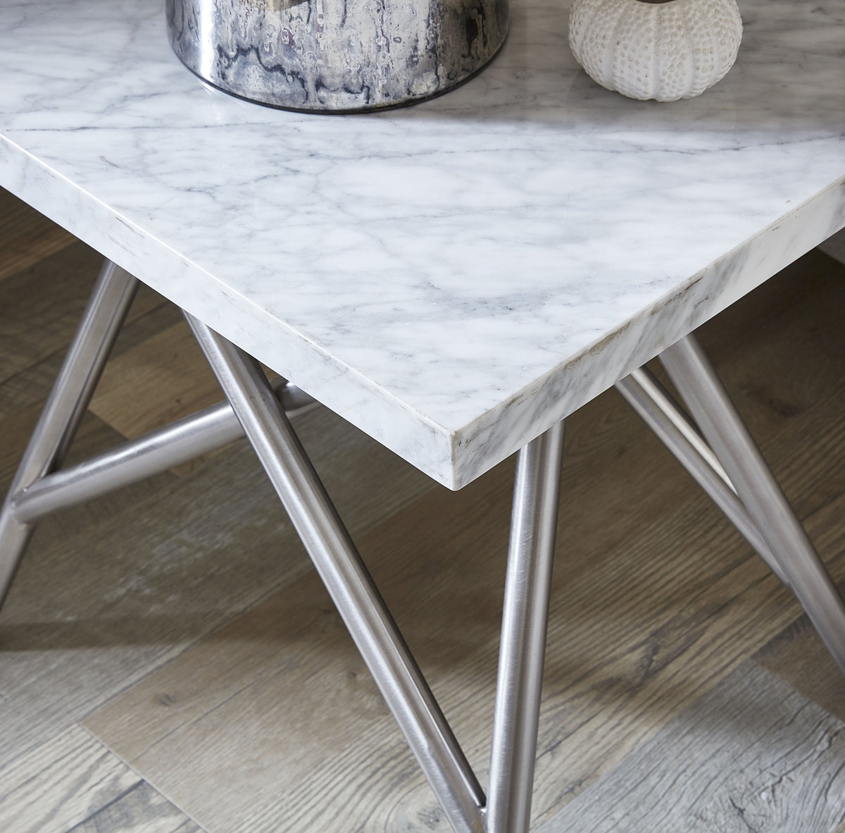 Salontafel Carrara-marmer roestvrij staal Koraal, wit en zilver, 127 x 71 cm, woonkamer