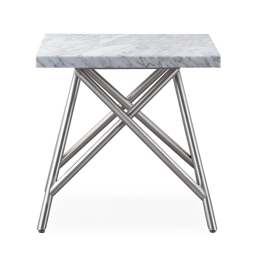 Bijzettafel Carrara-marmer en roestvrij staal Coral, wit marmer met zilverkleurig onderstel, woonkamer