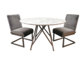 Ronde eettafel met wit marmeren blad en metalen buizenvoet, met twee grijze fluwelen stoelen