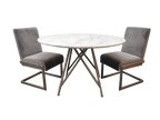 Ronde eettafel met wit marmeren blad en metalen buizenvoet, met twee grijze fluwelen stoelen