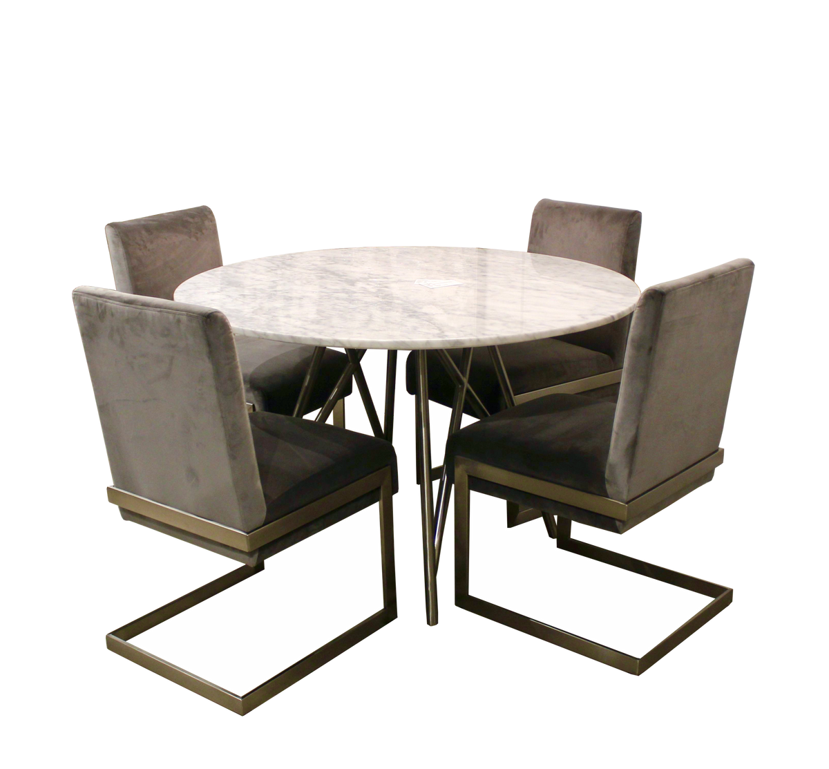 Eettafel rond marmer en geborsteld roestvrij staal Coral, wit marmer, Ø 119 cm, hoogte 76 cm