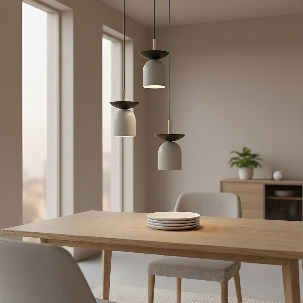 Drie grijze hanglampen met donkere bovenschaal op verschillende hoogtes boven een houten eettafel