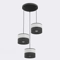Hanglamp met drie cilindrische kappen in zwart en grijs aan een ronde zwarte plafondplaat