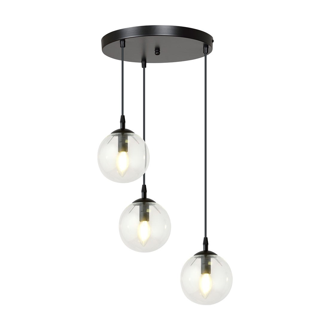 Zwarte hanglamp met drie transparante glazen bolkappen op verschillende hoogtes aan een ronde plafondplaat