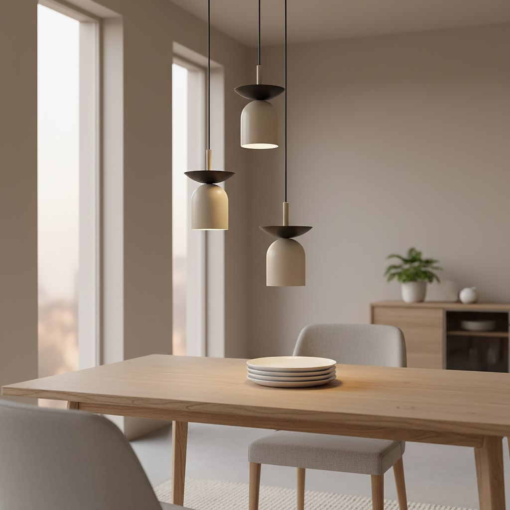 Drie beige hanglampen met donkere bovenkap boven een houten eettafel in een lichte eetkamer
