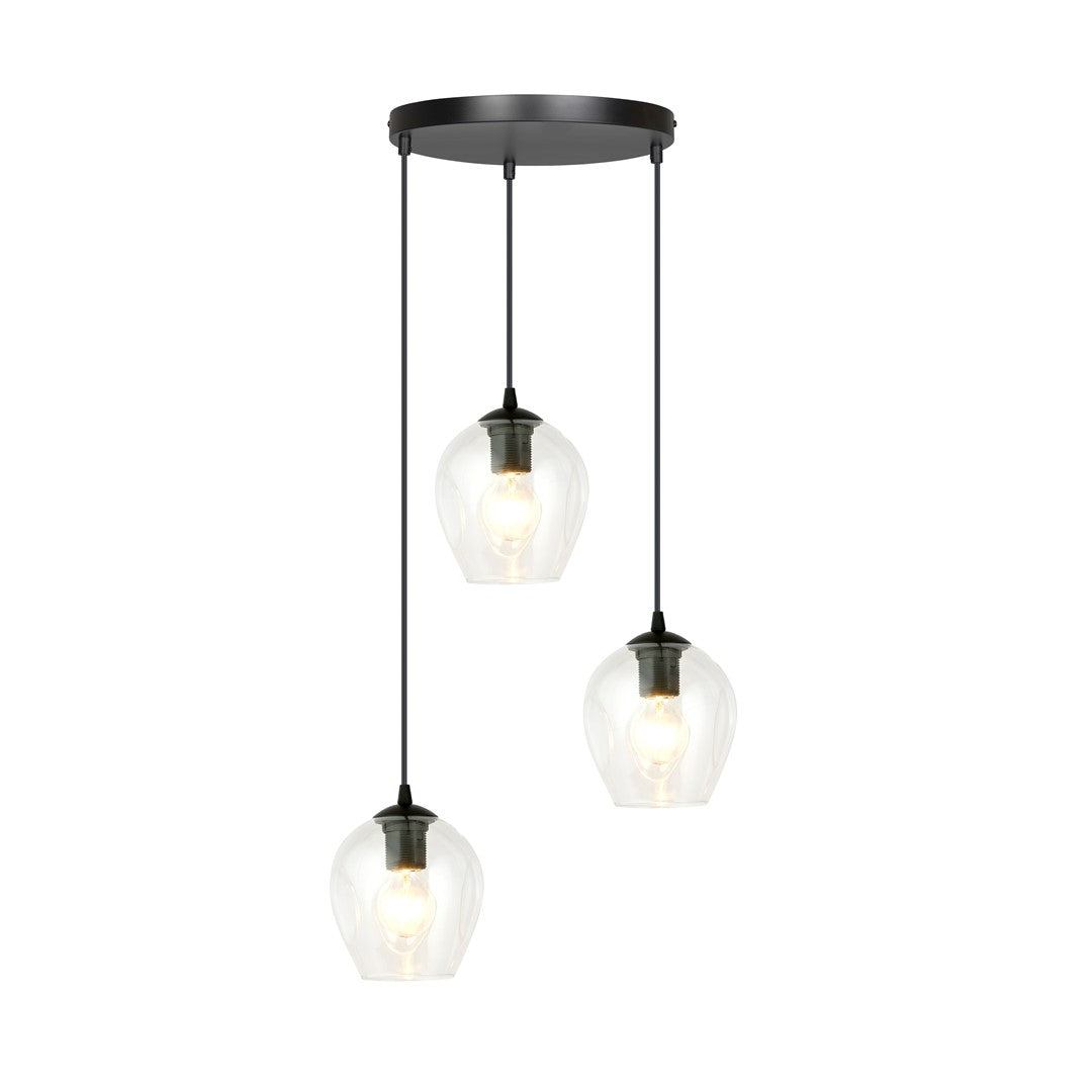 Zwarte hanglamp met drie transparante glazen kappen aan een ronde plafondplaat, elk met een lamp