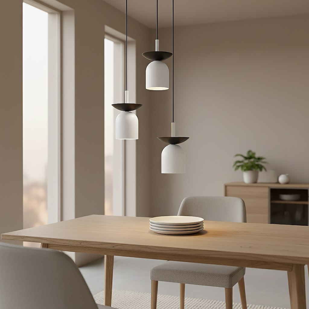 Drie witte hanglampen met zwarte schaal boven een houten eettafel in een lichte, rustig ingerichte ruimte