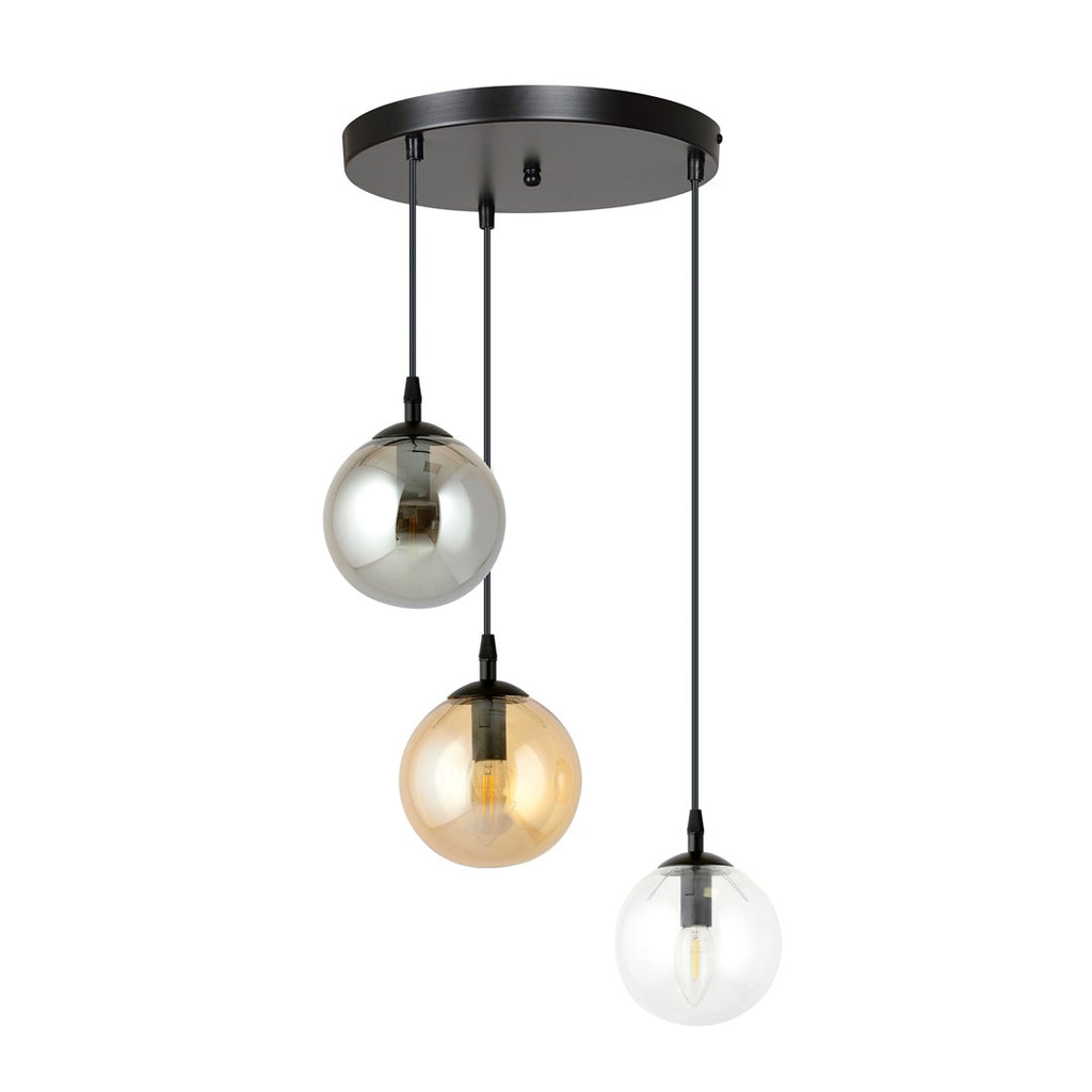 Hanglamp gepoedercoat staal en glas modern Cosmo, zwart met 3 glazen kappen Ø 14 cm, transparant, grafiet en amber