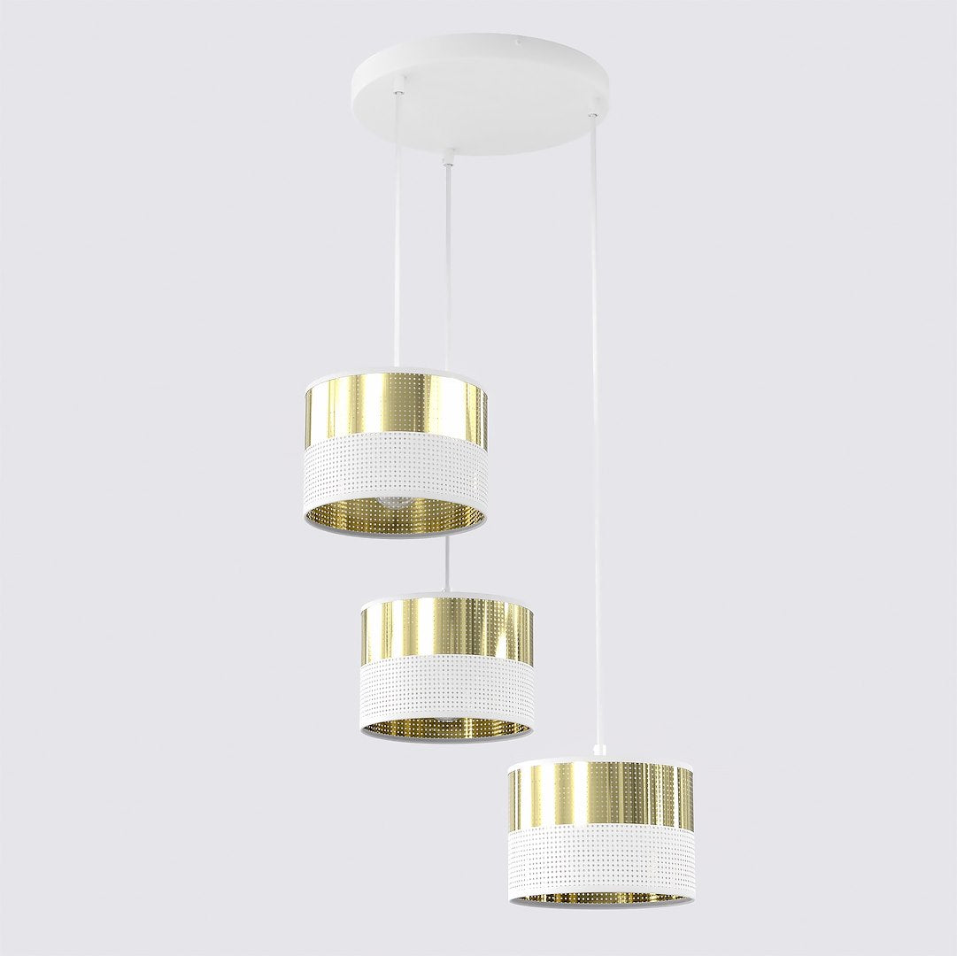 Hanglamp 3 lichts gepoedercoat staal met stoffen kap, modern, wit en goud, kap Ø 20 cm, E27