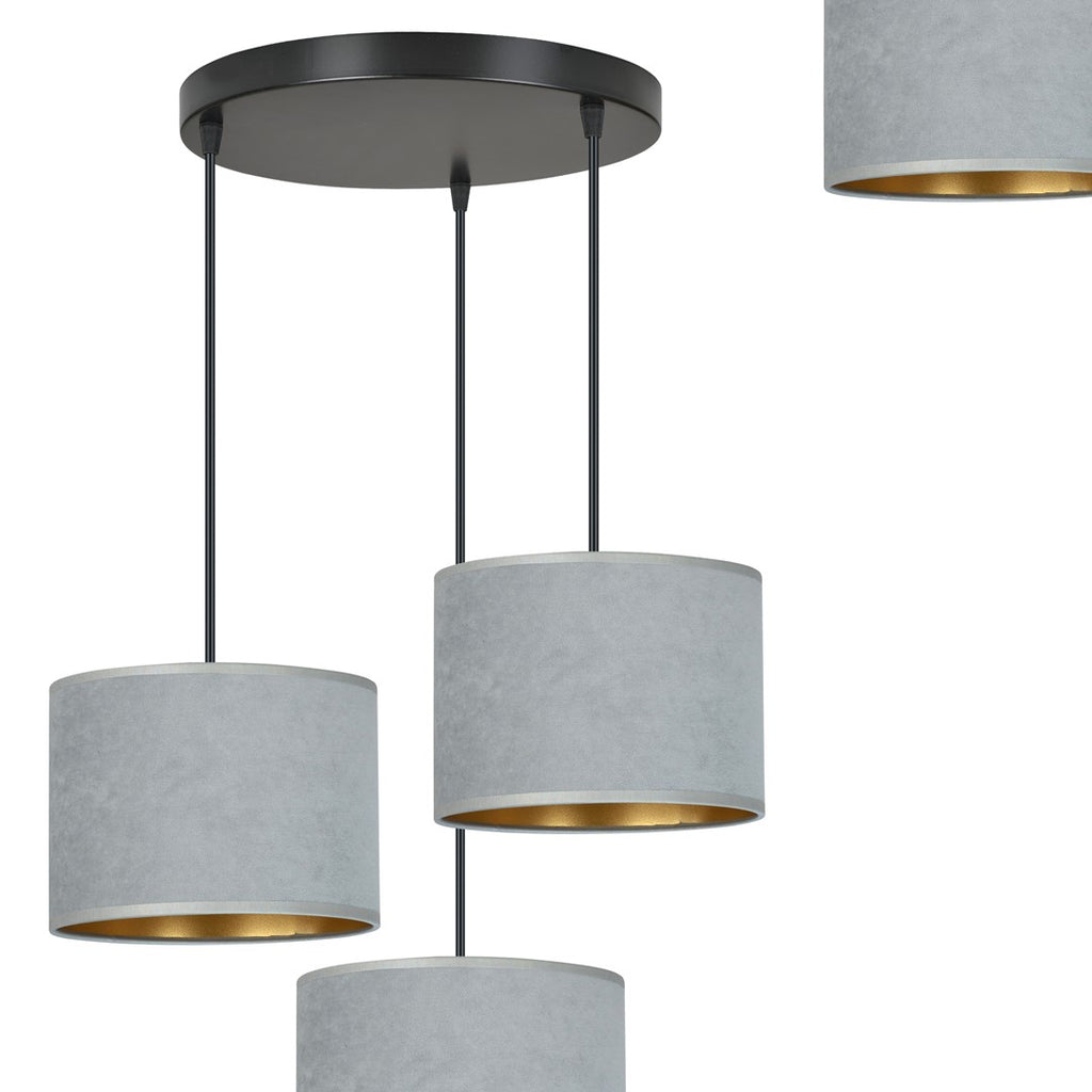 Hanglamp 3 lichts gepoedercoat staal en stof Hilde grijs met gouden binnenzijde, ronde canopy, eettafel